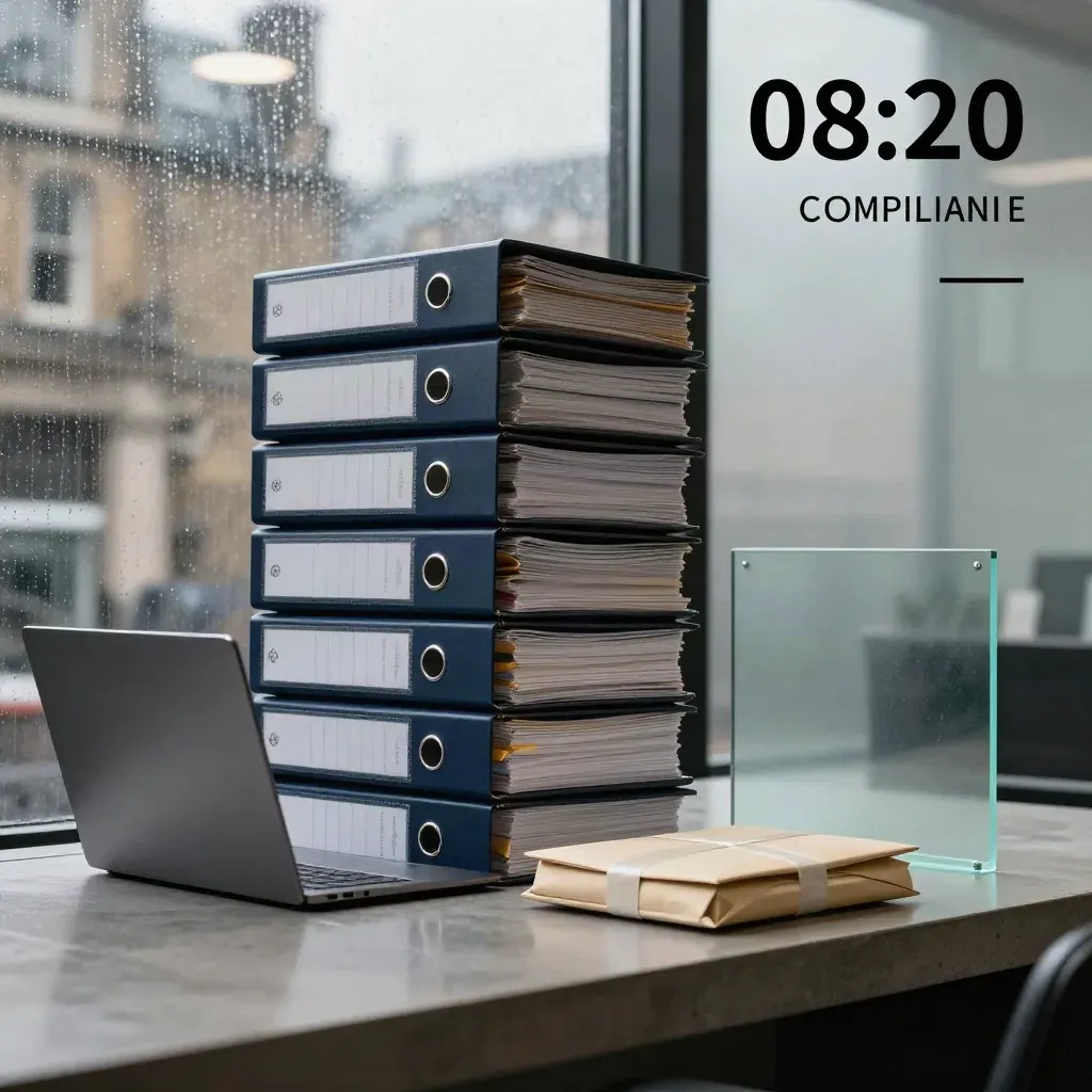 Audit binders, laptop, envelopes and acrylic shield in a rainy London office.