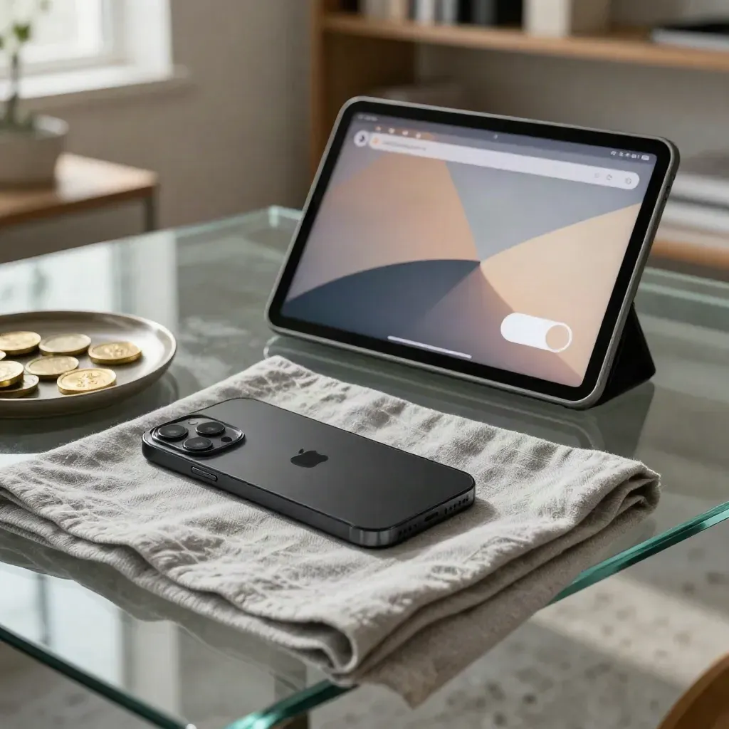 Consent testing setup with phone, tablet, brass tokens and linen on a glass table.