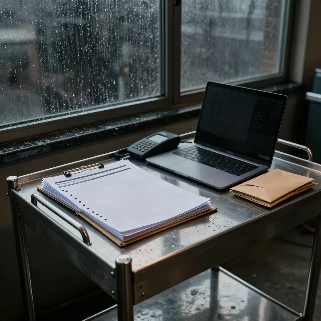 Breach-response kit on a steel trolley by rain-streaked windows, with laptop, phone, and folders.
