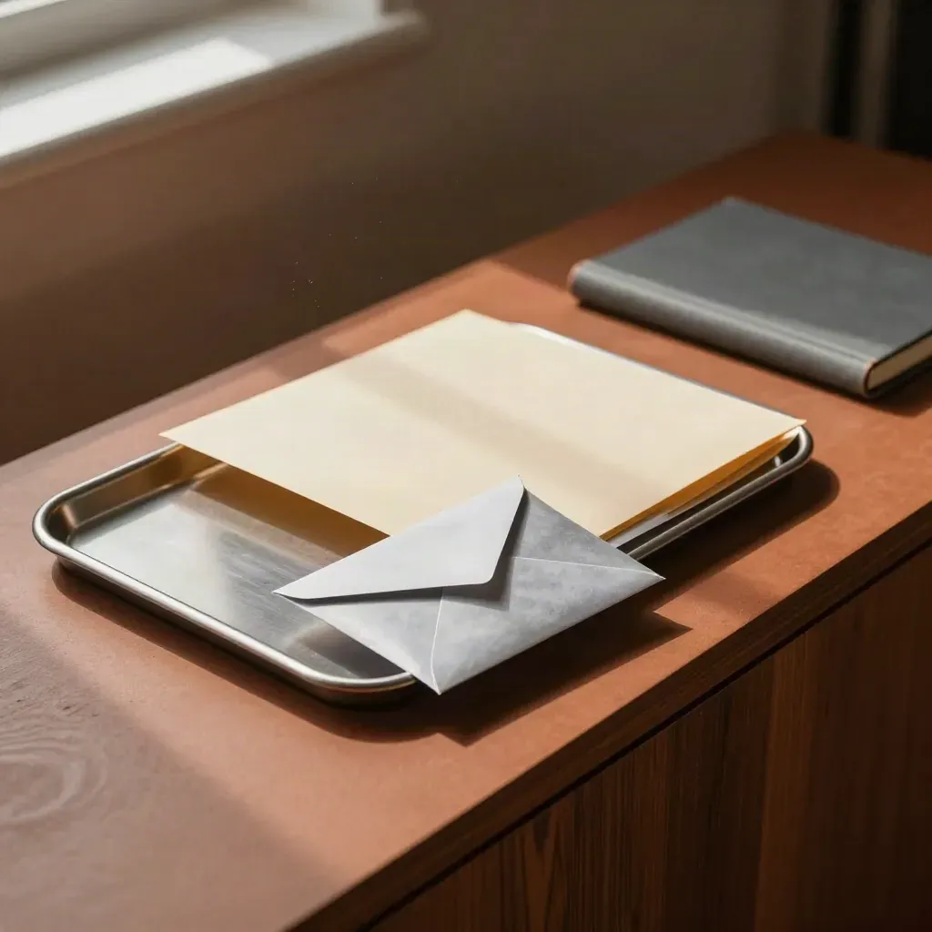 DSAR workflow trays, folder, sealed envelope and notebook on a terracotta sideboard