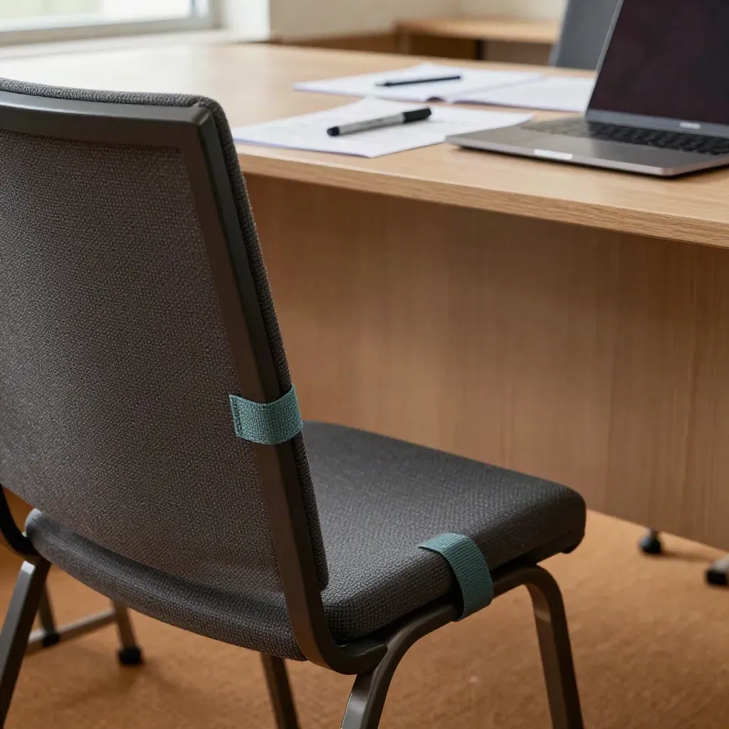 Privacy training room setup with folded chairs, angled laptop and face-down sheets in soft window light.