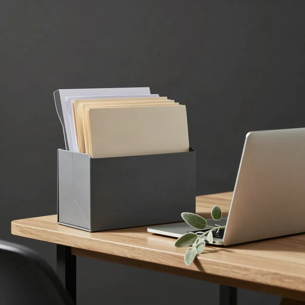 Privacy support kit with folders, closed laptop, mailer box and plant on a narrow desk.